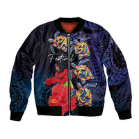 Pasifika Festival Sleeve Zip Bomber Jacket Plumeria Turtles with Hibiscus - Polynesian Art Tattoo Dark Navy Color