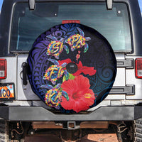 Pasifika Festival Spare Tire Cover Plumeria Turtles with Hibiscus - Polynesian Art Tattoo Dark Navy Color