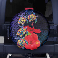 Pasifika Festival Spare Tire Cover Plumeria Turtles with Hibiscus - Polynesian Art Tattoo Dark Navy Color