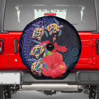 Pasifika Festival Spare Tire Cover Plumeria Turtles with Hibiscus - Polynesian Art Tattoo Dark Navy Color
