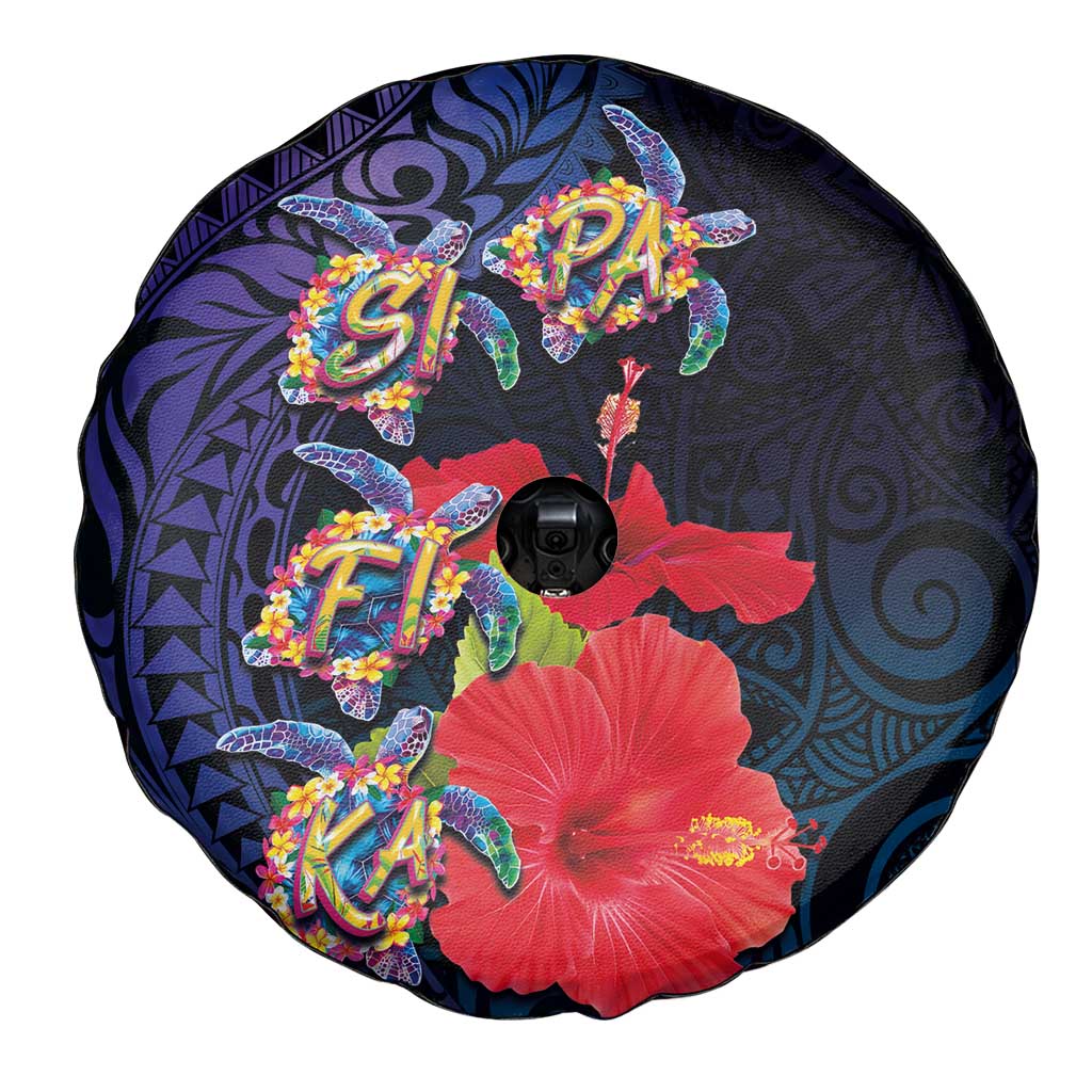 Pasifika Festival Spare Tire Cover Plumeria Turtles with Hibiscus - Polynesian Art Tattoo Dark Navy Color