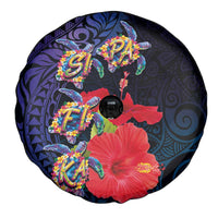 Pasifika Festival Spare Tire Cover Plumeria Turtles with Hibiscus - Polynesian Art Tattoo Dark Navy Color
