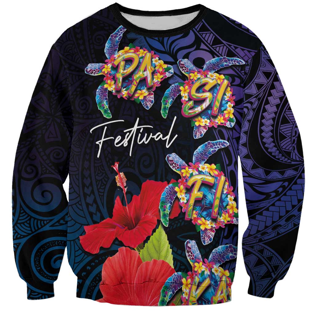 Pasifika Festival Sweatshirt Plumeria Turtles with Hibiscus - Polynesian Art Tattoo Dark Navy Color