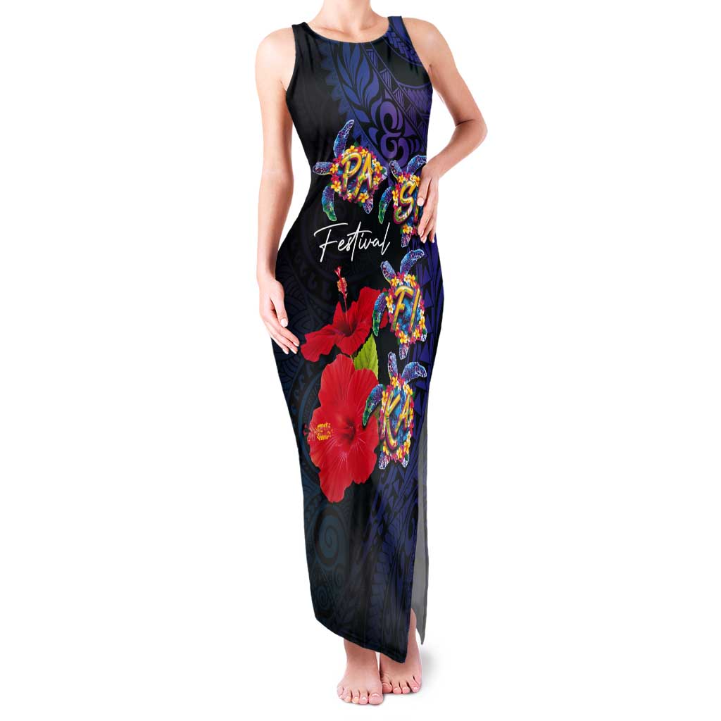 Pasifika Festival Tank Maxi Dress Plumeria Turtles with Hibiscus - Polynesian Art Tattoo Dark Navy Color