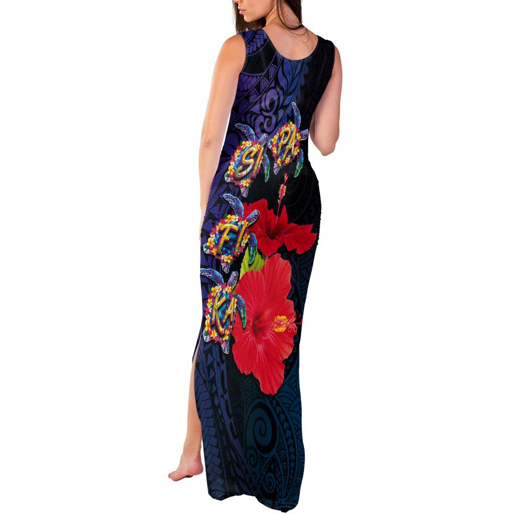 Pasifika Festival Tank Maxi Dress Plumeria Turtles with Hibiscus - Polynesian Art Tattoo Dark Navy Color