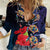 Pasifika Festival Women Casual Shirt Plumeria Turtles with Hibiscus - Polynesian Art Tattoo Dark Navy Color
