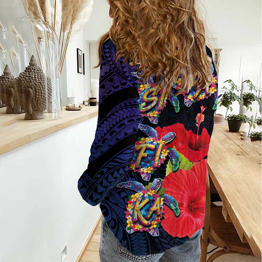 Pasifika Festival Women Casual Shirt Plumeria Turtles with Hibiscus - Polynesian Art Tattoo Dark Navy Color