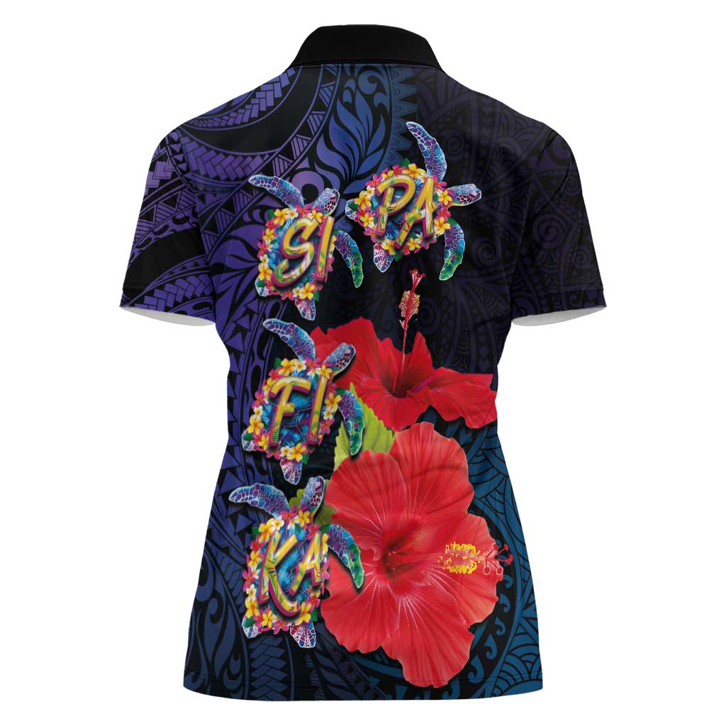 Pasifika Festival Women Polo Shirt Plumeria Turtles with Hibiscus - Polynesian Art Tattoo Dark Navy Color