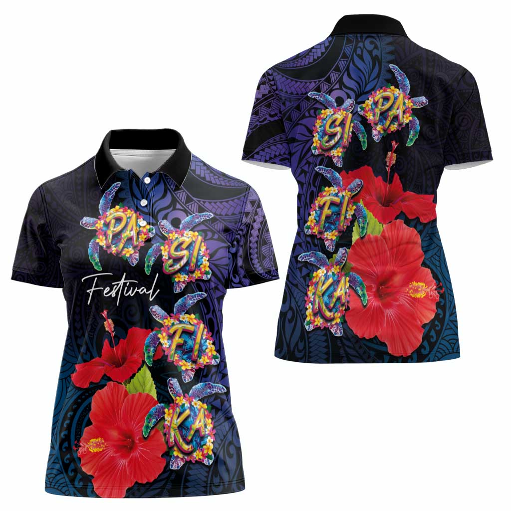 Pasifika Festival Women Polo Shirt Plumeria Turtles with Hibiscus - Polynesian Art Tattoo Dark Navy Color