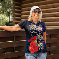 Pasifika Festival Women Polo Shirt Plumeria Turtles with Hibiscus - Polynesian Art Tattoo Dark Navy Color