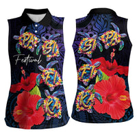 Pasifika Festival Women Sleeveless Polo Shirt Plumeria Turtles with Hibiscus - Polynesian Art Tattoo Dark Navy Color