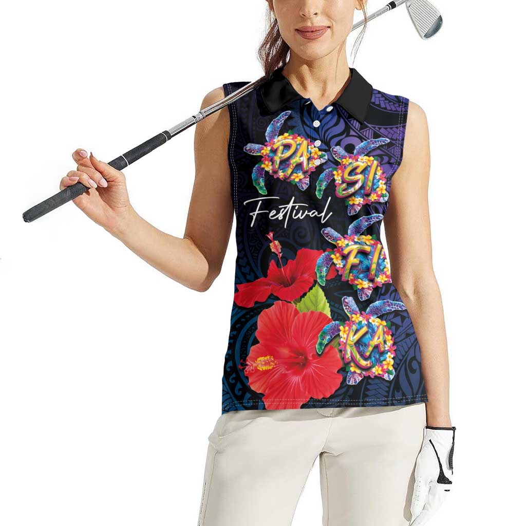 Pasifika Festival Women Sleeveless Polo Shirt Plumeria Turtles with Hibiscus - Polynesian Art Tattoo Dark Navy Color