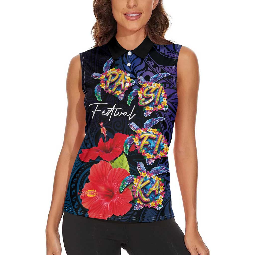 Pasifika Festival Women Sleeveless Polo Shirt Plumeria Turtles with Hibiscus - Polynesian Art Tattoo Dark Navy Color