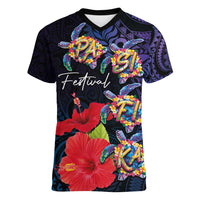 Pasifika Festival Women V-Neck T-Shirt Plumeria Turtles with Hibiscus - Polynesian Art Tattoo Dark Navy Color