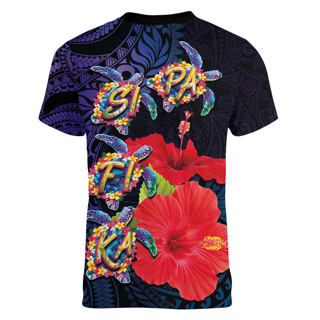 Pasifika Festival Women V-Neck T-Shirt Plumeria Turtles with Hibiscus - Polynesian Art Tattoo Dark Navy Color