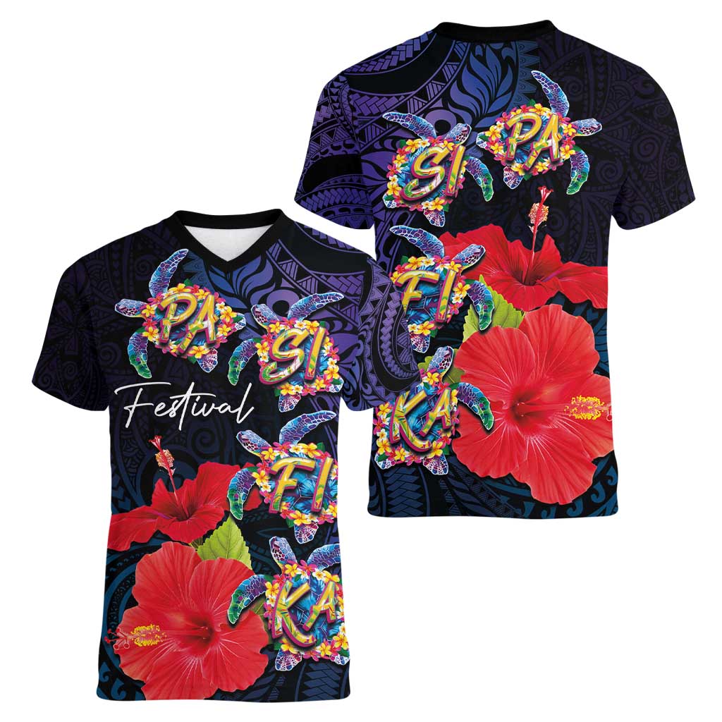 Pasifika Festival Women V-Neck T-Shirt Plumeria Turtles with Hibiscus - Polynesian Art Tattoo Dark Navy Color
