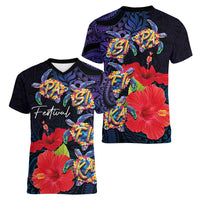 Pasifika Festival Women V-Neck T-Shirt Plumeria Turtles with Hibiscus - Polynesian Art Tattoo Dark Navy Color