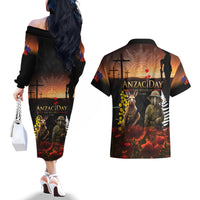 New Zealand and Australia ANZAC Day Couples Matching Off The Shoulder Long Sleeve Dress and Hawaiian Shirt Kiwi Bird and Kangaroo Soldier LT03 - Polynesian Pride