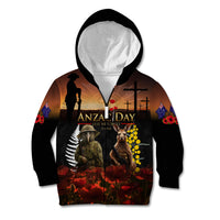 New Zealand and Australia ANZAC Day Kid Hoodie Kiwi Bird and Kangaroo Soldier LT03 Zip Hoodie Black - Polynesian Pride