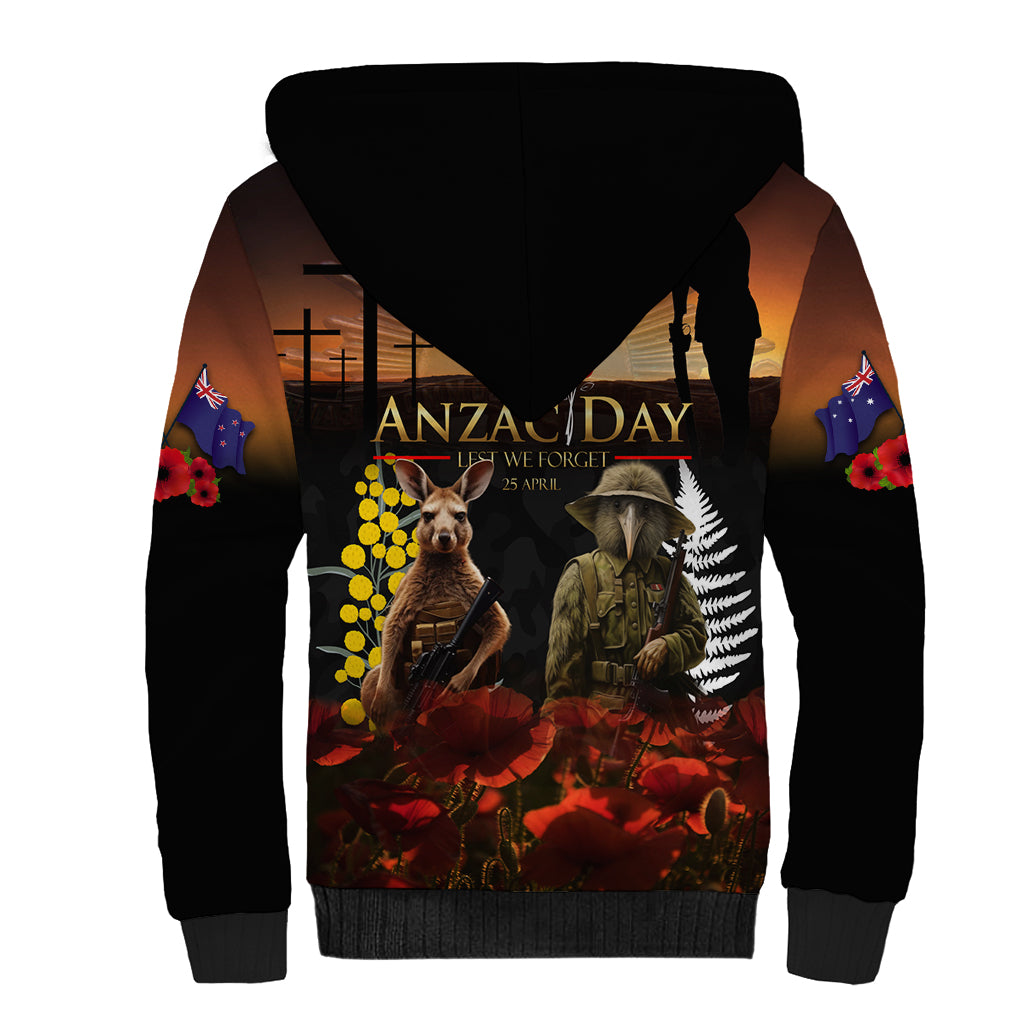 New Zealand and Australia ANZAC Day Sherpa Hoodie Kiwi Bird and Kangaroo Soldier LT03 - Polynesian Pride