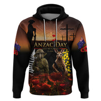New Zealand and Australia ANZAC Day Zip Hoodie Kiwi Bird and Kangaroo Soldier LT03 Pullover Hoodie Black - Polynesian Pride