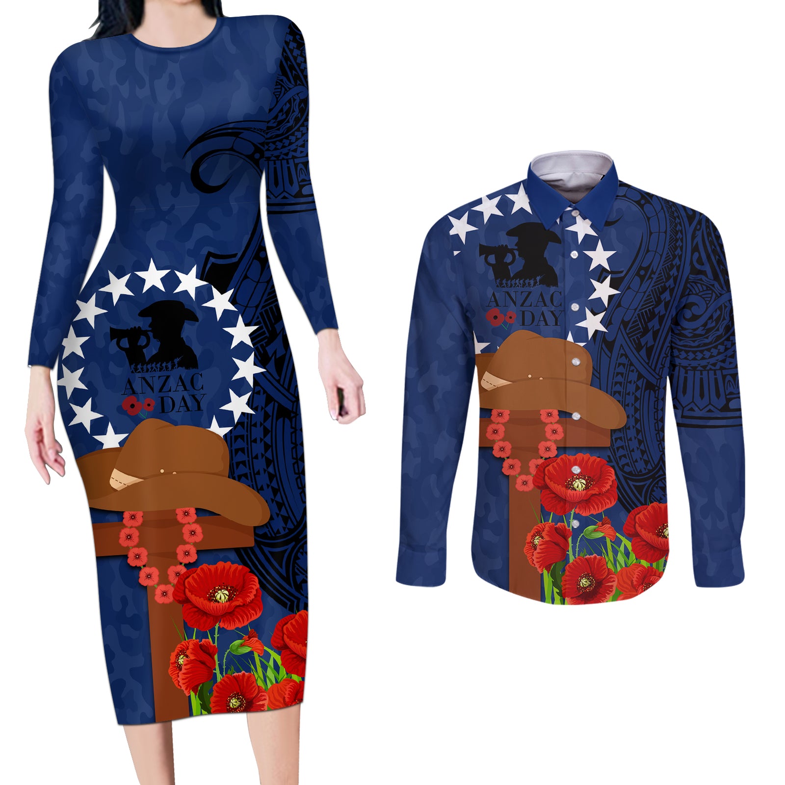 Cook Island ANZAC Day Couples Matching Long Sleeve Bodycon Dress and Long Sleeve Button Shirt Soldier Paying Respect We Shall Remember Them LT03 Blue - Polynesian Pride