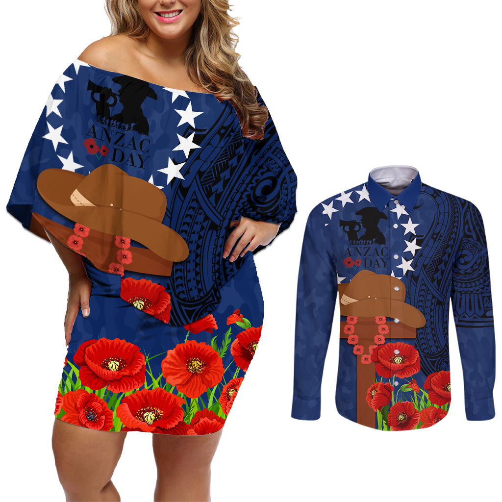 Cook Island ANZAC Day Couples Matching Off Shoulder Short Dress and Long Sleeve Button Shirt Soldier Paying Respect We Shall Remember Them LT03 Blue - Polynesian Pride