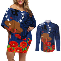 Cook Island ANZAC Day Couples Matching Off Shoulder Short Dress and Long Sleeve Button Shirt Soldier Paying Respect We Shall Remember Them LT03 Blue - Polynesian Pride