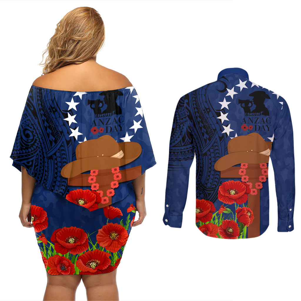 Cook Island ANZAC Day Couples Matching Off Shoulder Short Dress and Long Sleeve Button Shirt Soldier Paying Respect We Shall Remember Them LT03 - Polynesian Pride