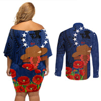 Cook Island ANZAC Day Couples Matching Off Shoulder Short Dress and Long Sleeve Button Shirt Soldier Paying Respect We Shall Remember Them LT03 - Polynesian Pride