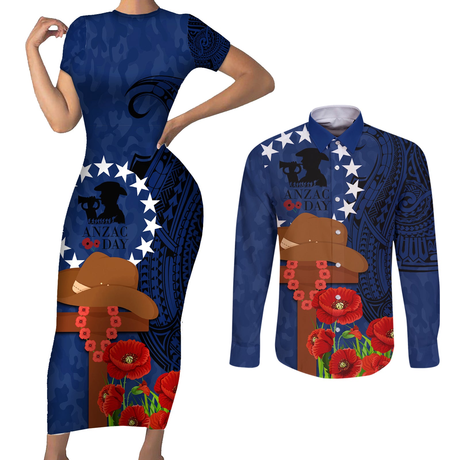 Cook Island ANZAC Day Couples Matching Short Sleeve Bodycon Dress and Long Sleeve Button Shirt Soldier Paying Respect We Shall Remember Them LT03 Blue - Polynesian Pride