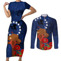 Cook Island ANZAC Day Couples Matching Short Sleeve Bodycon Dress and Long Sleeve Button Shirt Soldier Paying Respect We Shall Remember Them LT03 Blue - Polynesian Pride