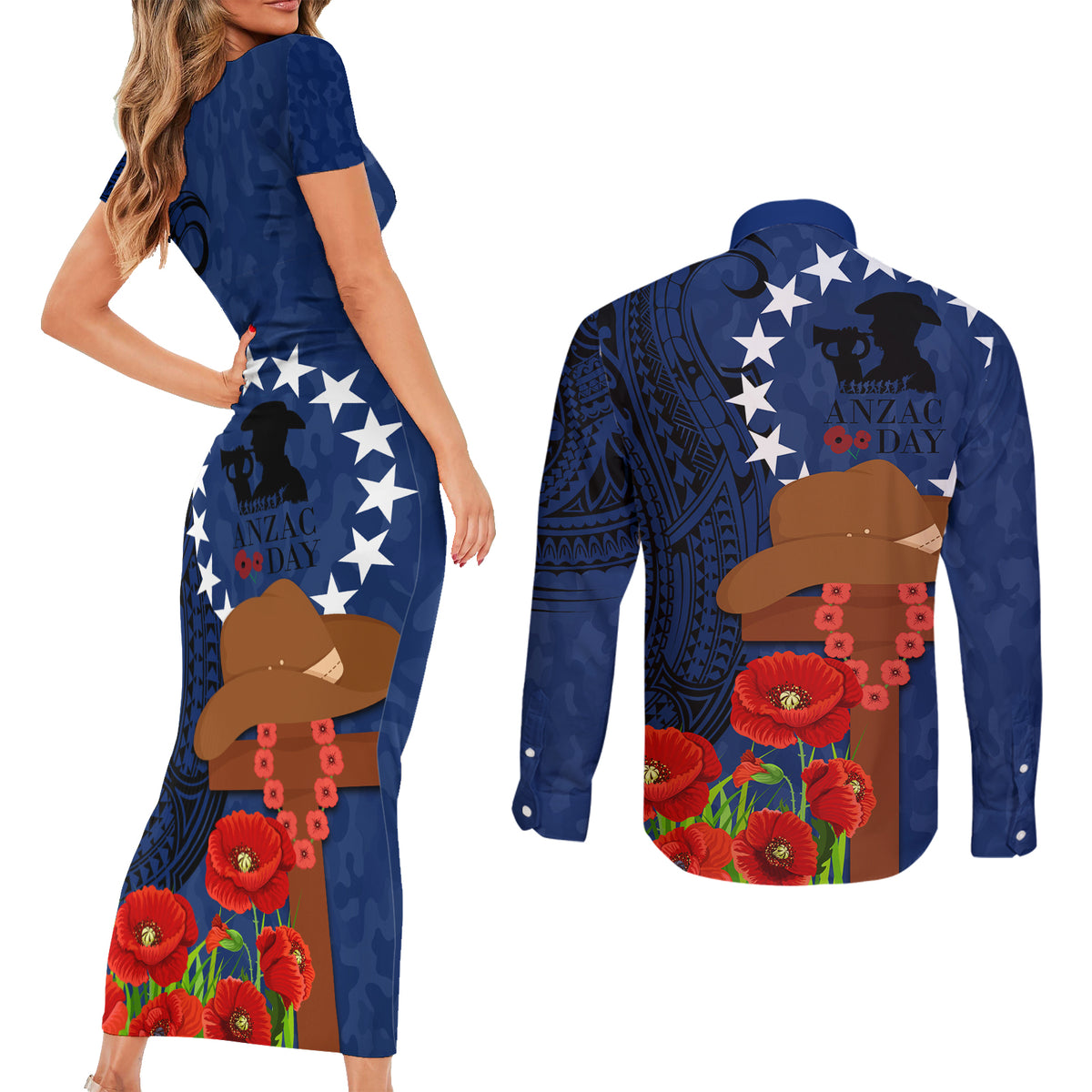 Cook Island ANZAC Day Couples Matching Short Sleeve Bodycon Dress and Long Sleeve Button Shirt Soldier Paying Respect We Shall Remember Them LT03 - Polynesian Pride