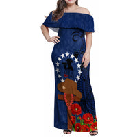 Cook Island ANZAC Day Family Matching Off Shoulder Maxi Dress and Hawaiian Shirt Soldier Paying Respect We Shall Remember Them LT03 Mom's Dress Blue - Polynesian Pride