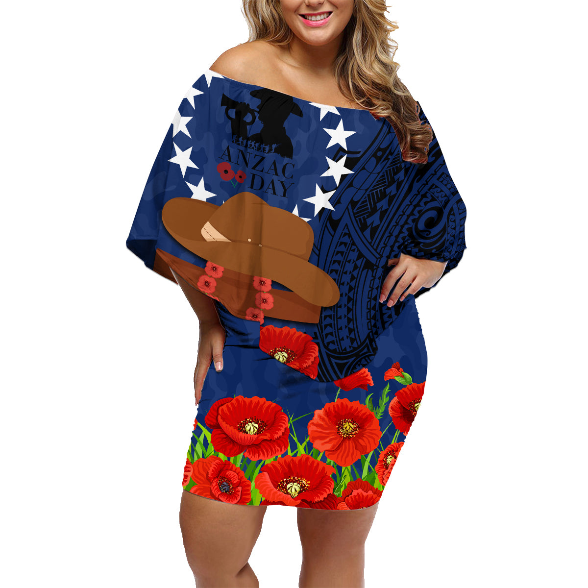 Cook Island ANZAC Day Family Matching Off Shoulder Short Dress and Hawaiian Shirt Soldier Paying Respect We Shall Remember Them LT03 Mom's Dress Blue - Polynesian Pride
