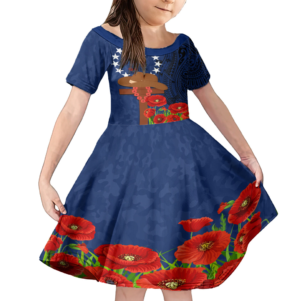 Cook Island ANZAC Day Kid Short Sleeve Dress Soldier Paying Respect We Shall Remember Them LT03 KID Blue - Polynesian Pride