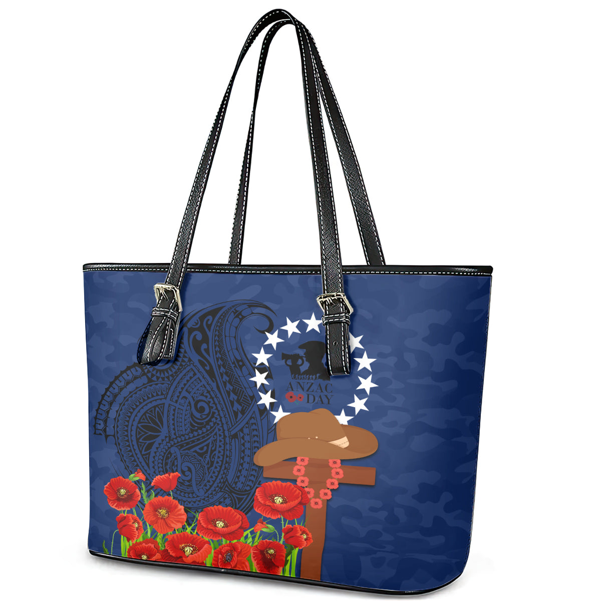 Cook Islands ANZAC Day Leather Tote Bag Soldier Paying Respect We Shall Remember Them LT03 - Polynesian Pride