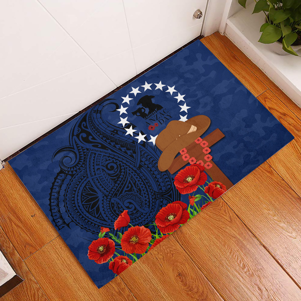Cook Islands ANZAC Day Rubber Doormat Soldier Paying Respect We Shall Remember Them LT03 Blue - Polynesian Pride