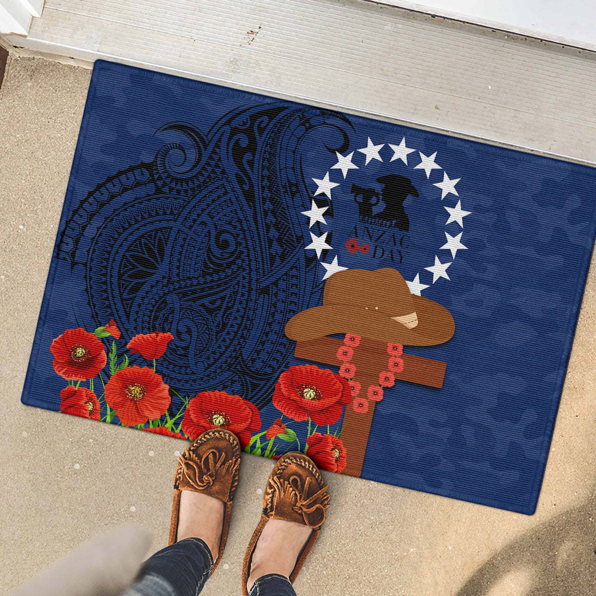Cook Islands ANZAC Day Rubber Doormat Soldier Paying Respect We Shall Remember Them LT03 - Polynesian Pride
