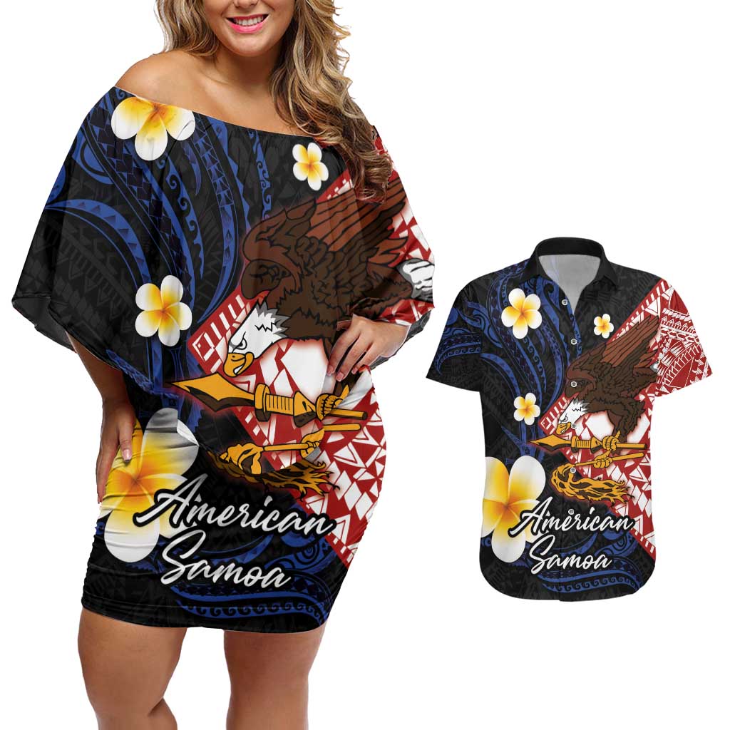 American Samoa Flag Day Couples Matching Off Shoulder Short Dress and Hawaiian Shirt Polynesian Tatau Art and Plumeria LT03 Black - Polynesian Pride