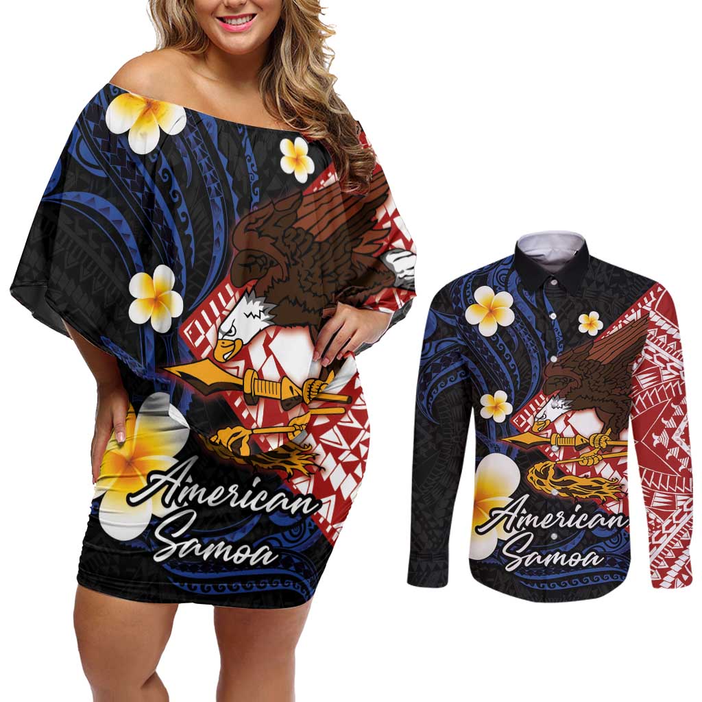 American Samoa Flag Day Couples Matching Off Shoulder Short Dress and Long Sleeve Button Shirt Polynesian Tatau Art and Plumeria LT03 Black - Polynesian Pride