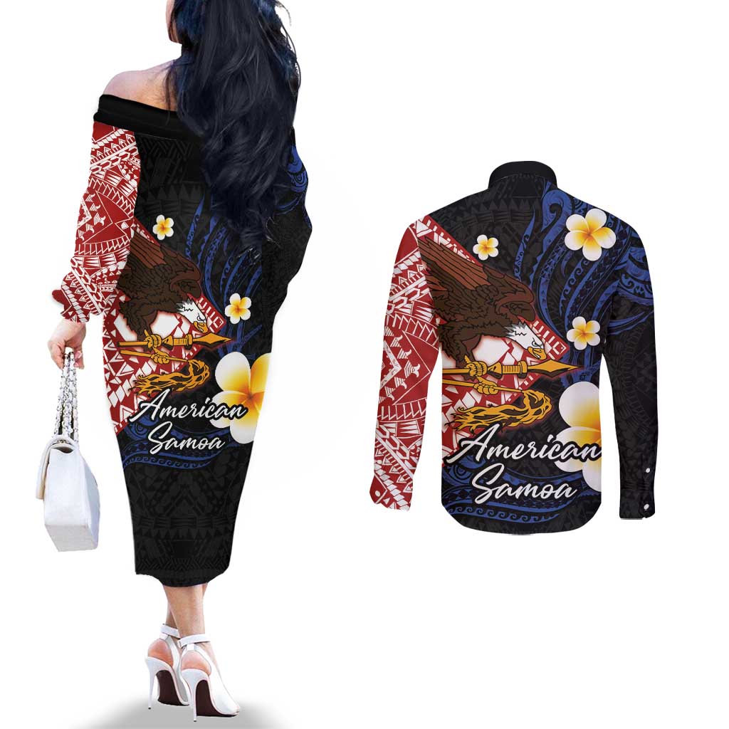 American Samoa Flag Day Couples Matching Off The Shoulder Long Sleeve Dress and Long Sleeve Button Shirt Polynesian Tatau Art and Plumeria