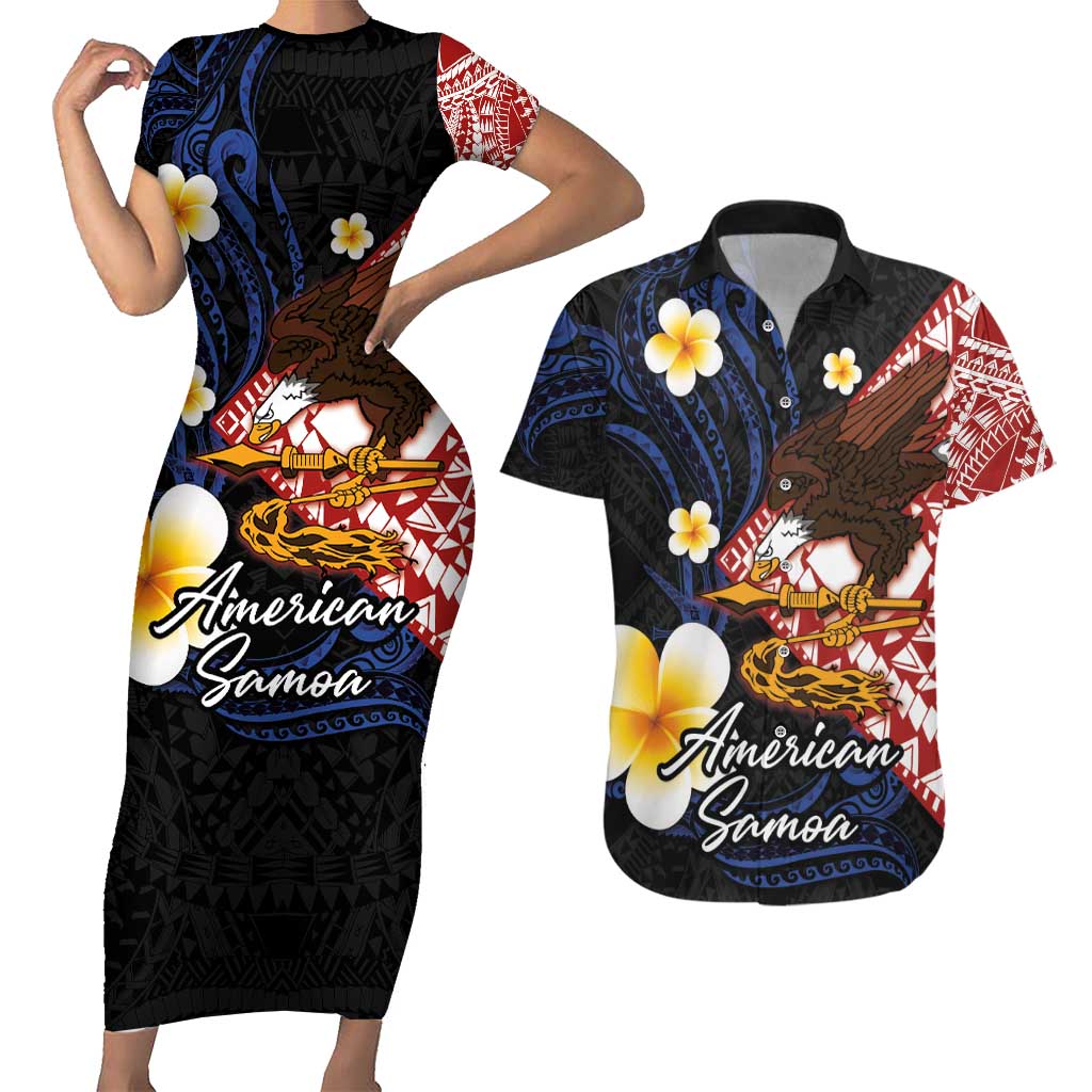 American Samoa Flag Day Couples Matching Short Sleeve Bodycon Dress and Hawaiian Shirt Polynesian Tatau Art and Plumeria LT03 Black - Polynesian Pride