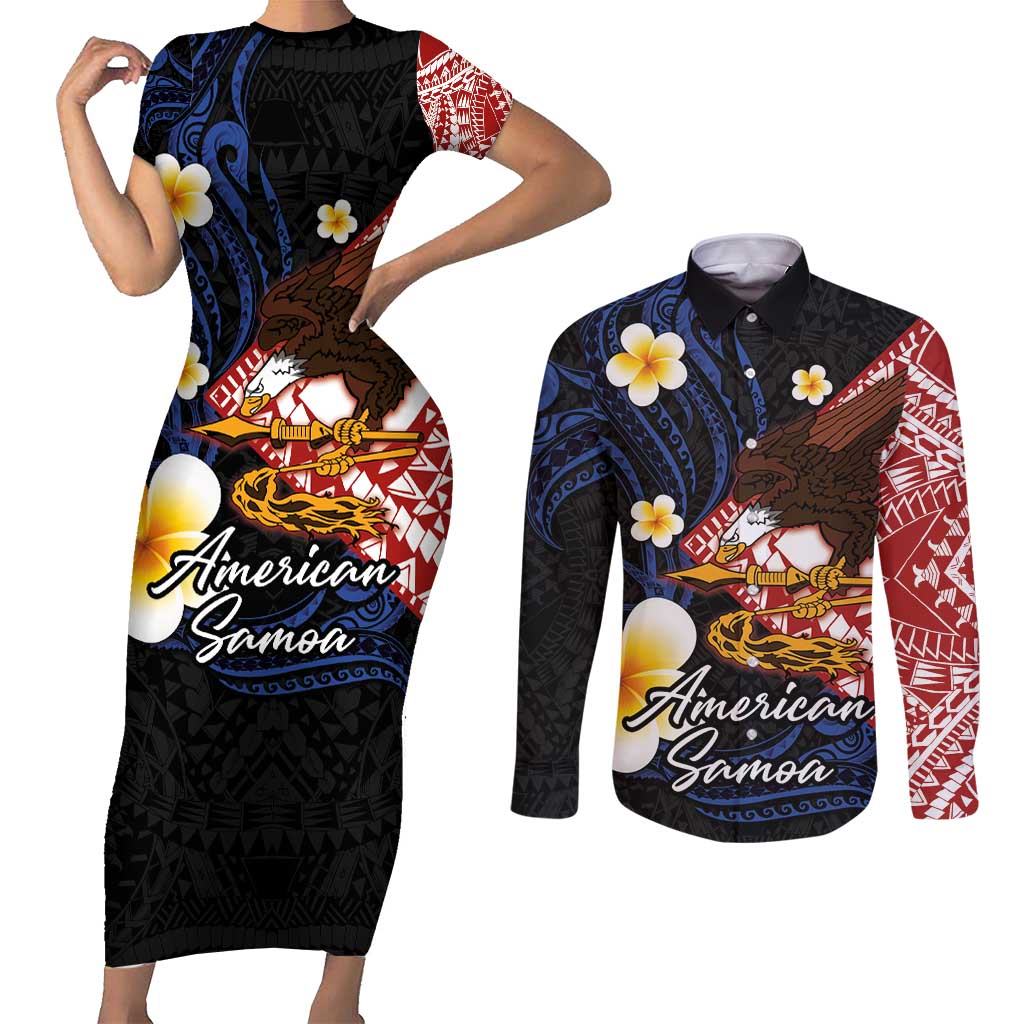 American Samoa Flag Day Couples Matching Short Sleeve Bodycon Dress and Long Sleeve Button Shirt Polynesian Tatau Art and Plumeria LT03 Black - Polynesian Pride