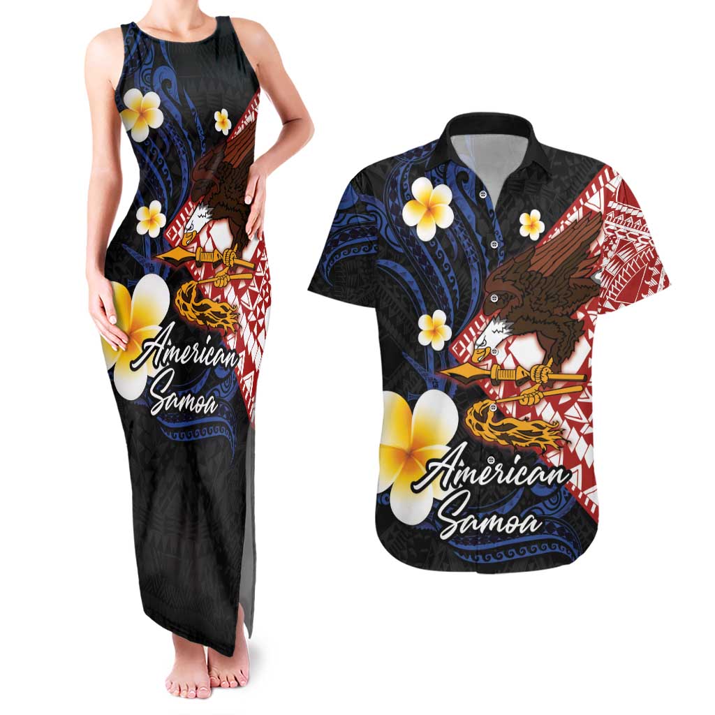 American Samoa Flag Day Couples Matching Tank Maxi Dress and Hawaiian Shirt Polynesian Tatau Art and Plumeria