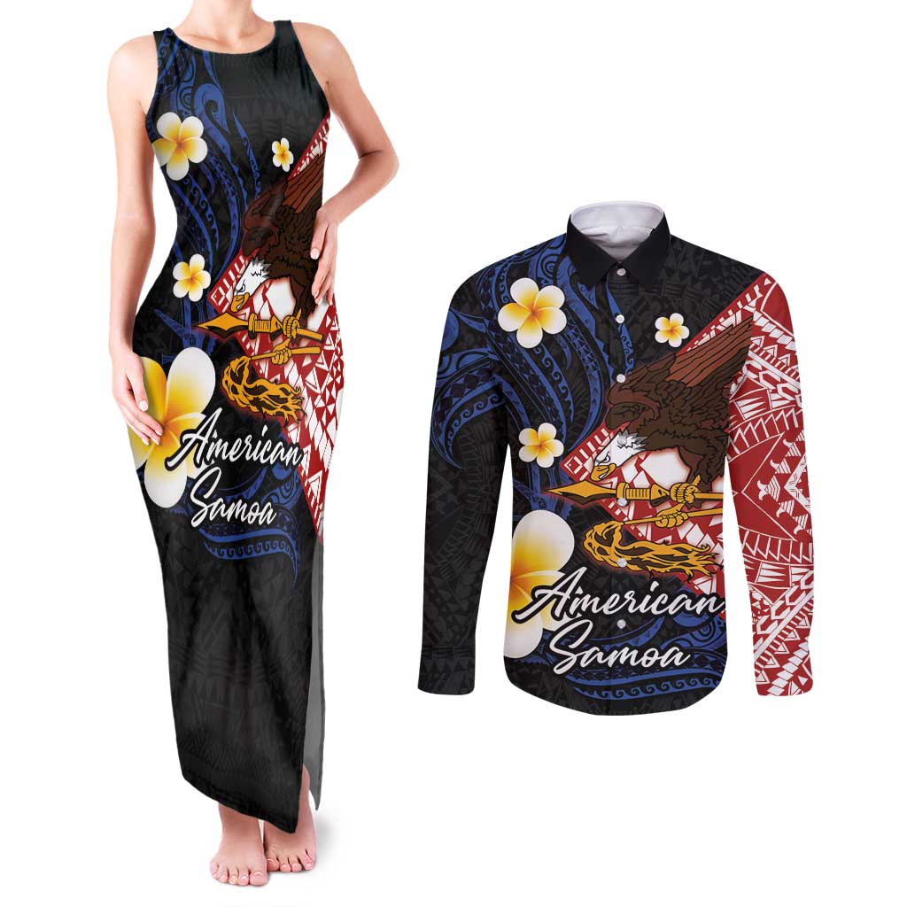 American Samoa Flag Day Couples Matching Tank Maxi Dress and Long Sleeve Button Shirt Polynesian Tatau Art and Plumeria LT03 Black - Polynesian Pride