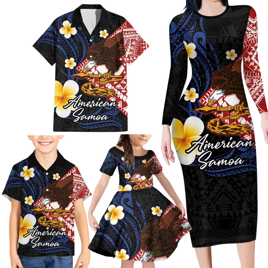 American Samoa Flag Day Family Matching Long Sleeve Bodycon Dress and Hawaiian Shirt Polynesian Tatau Art and Plumeria