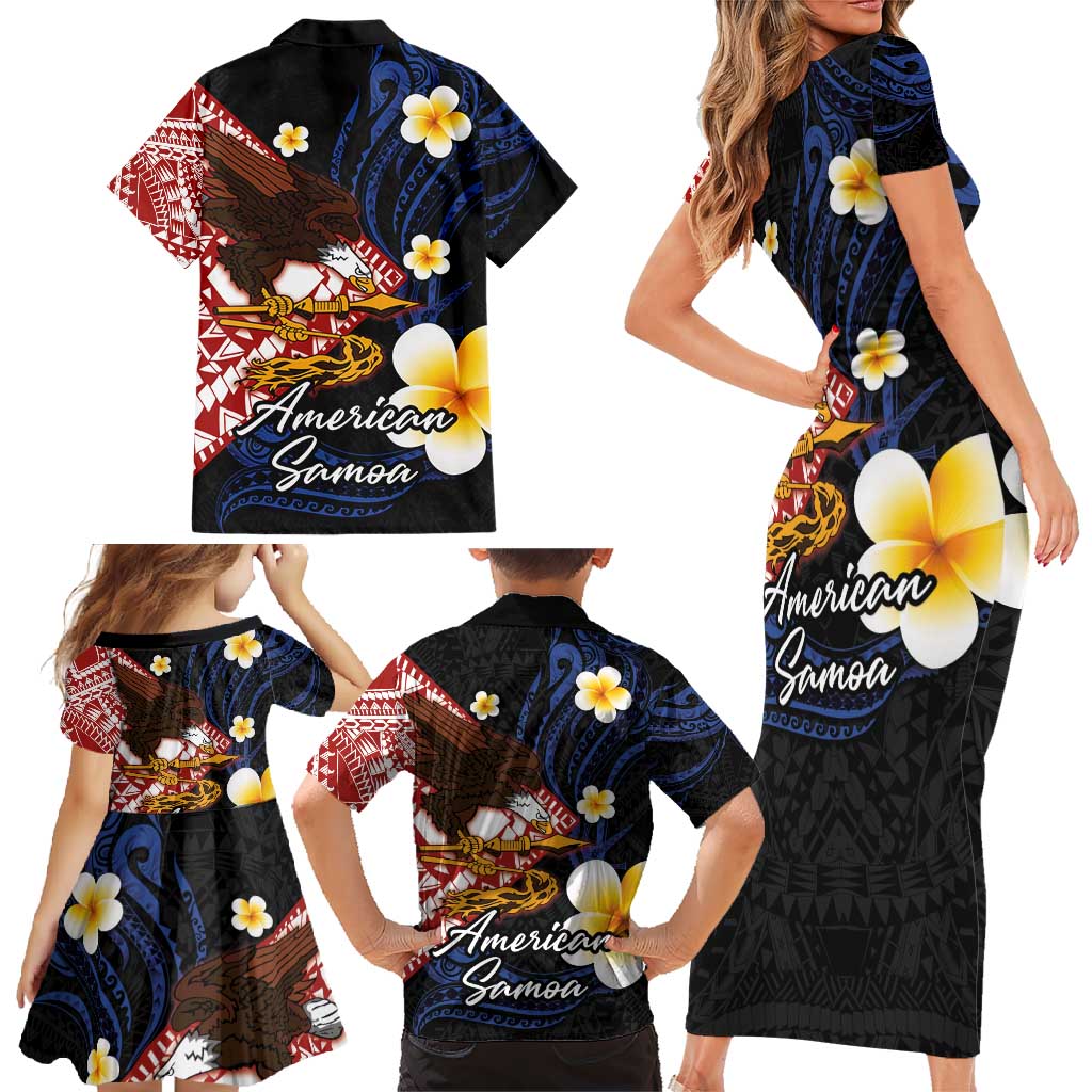 American Samoa Flag Day Family Matching Short Sleeve Bodycon Dress and Hawaiian Shirt Polynesian Tatau Art and Plumeria