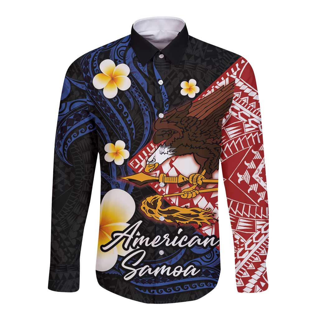 American Samoa Flag Day Long Sleeve Button Shirt Polynesian Tatau Art and Plumeria