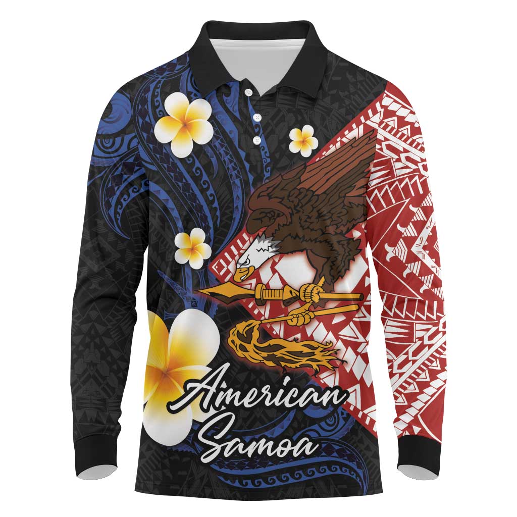 American Samoa Flag Day Long Sleeve Polo Shirt Polynesian Tatau Art and Plumeria LT03 Black - Polynesian Pride